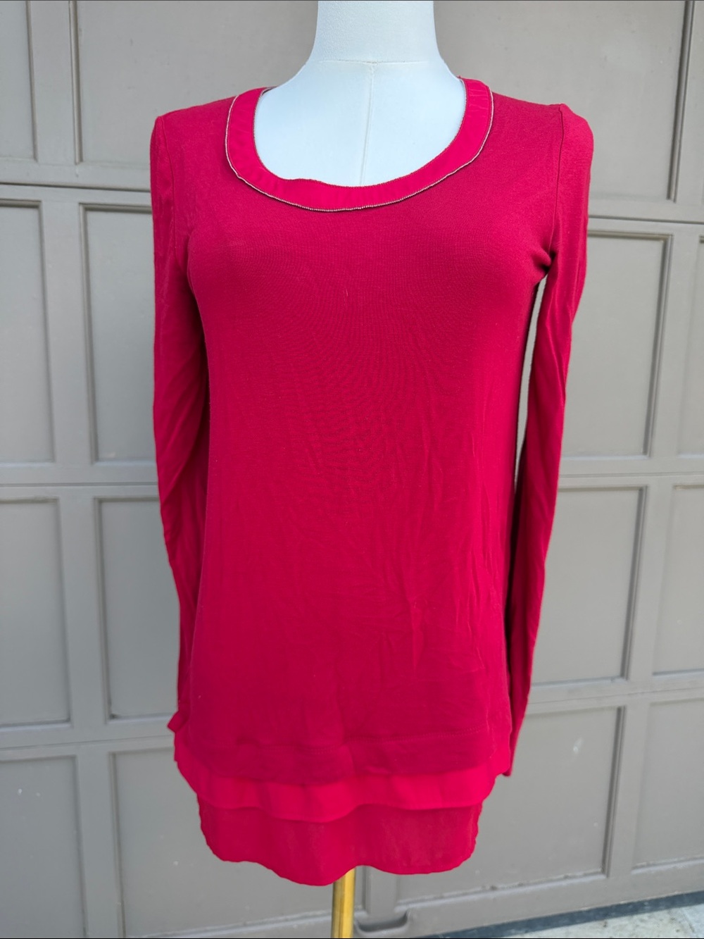 White House Black Market Bright Pink Layered-Hem Long Sleeve Top